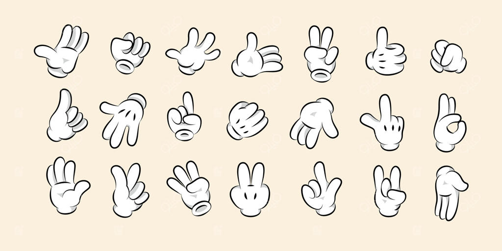 دستکش‌های کارتونی سفید: ژست‌ها و سیگنال‌های دست کمیک، آیکون بازوی شخصیت‌های کارتونی قدیمی و اشاره‌گر دست بامزه در حالت‌های مختلف. مجموعه وکتور جداگانه