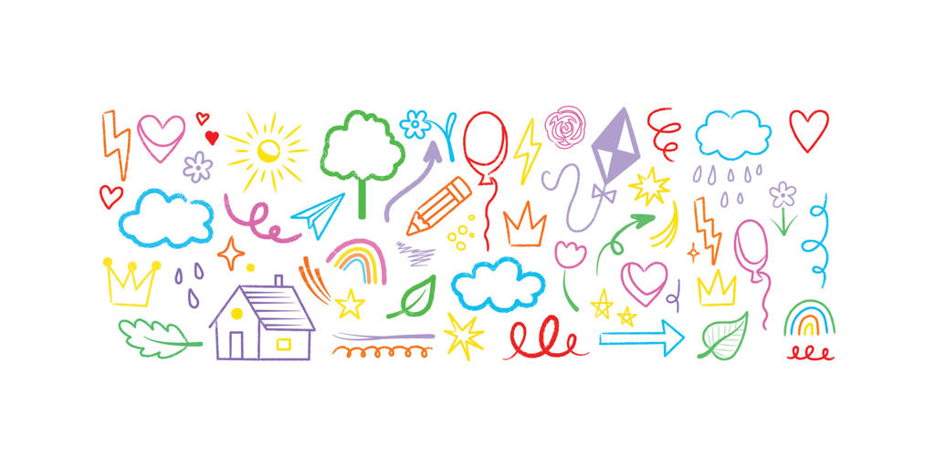 عناصر طراحی دستی رنگارنگ با درختان، ابرها، قلب‌ها، ستاره‌ها، صاعقه، رنگین‌کمان‌ها، بادکنک‌ها و خطوط تزئینی