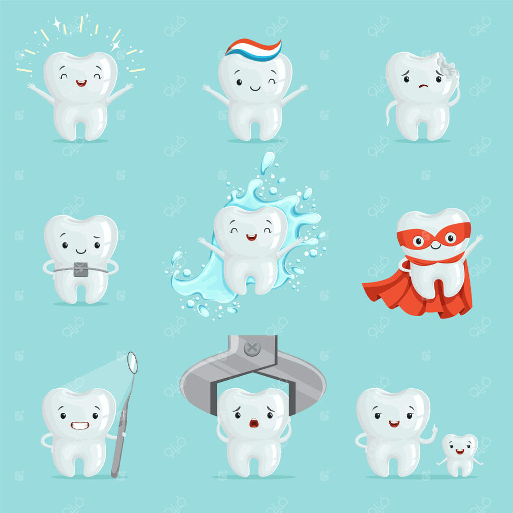 ست کامل دندان‌های بامزه با احساسات مختلف. تصاویر کارتونی با جزئیات کامل