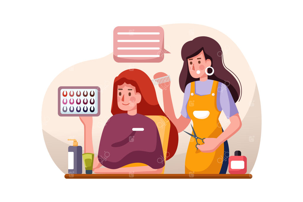 آرایشگر جوان در حال کوتاه کردن موهای یک مشتری خانم در سالن زیبایی