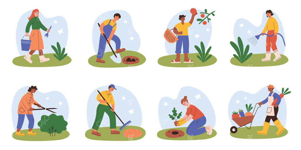 شخصیت‌های کارتونی در باغ مشغول کار، صحنه‌های باغبانی و کشاورزی، باغبان‌های شاد در حال کاشتن گیاهان