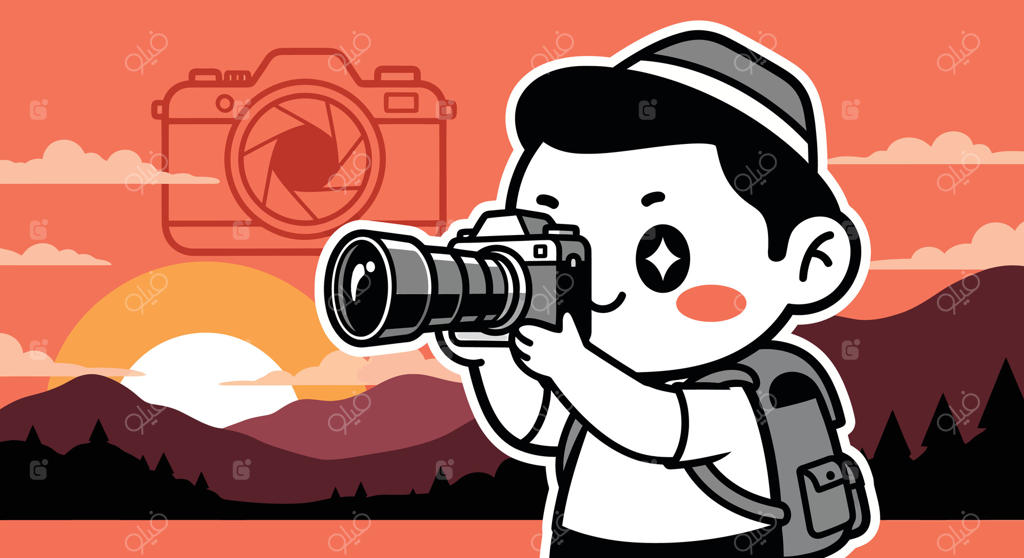تصویرسازی کارتونی عکاس در سفر؛ پسربچه بامزه با دوربین در حال عکاسی از منظره غروب کوهستان