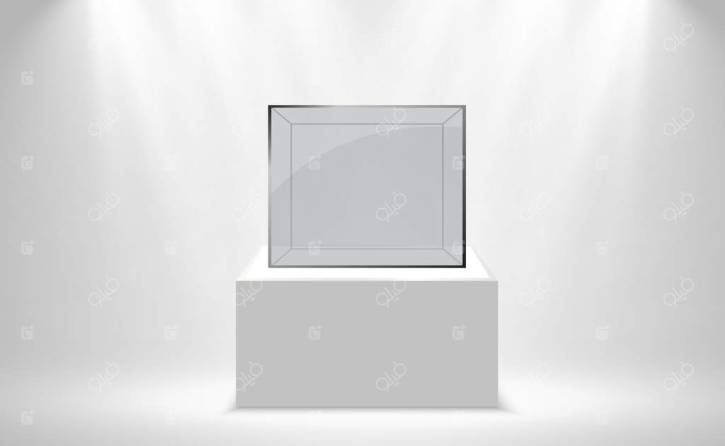 جعبه یا محفظه شیشه‌ای واقعی بر روی پایه سفید.