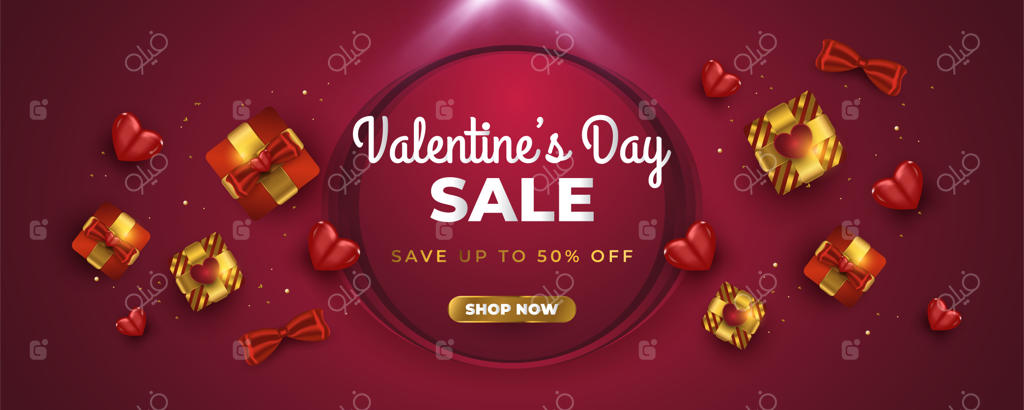 بنر فروش ویژه ولنتاین با جعبه هدیه واقعی، قلب قرمز و اکلیل طلایی درخشان