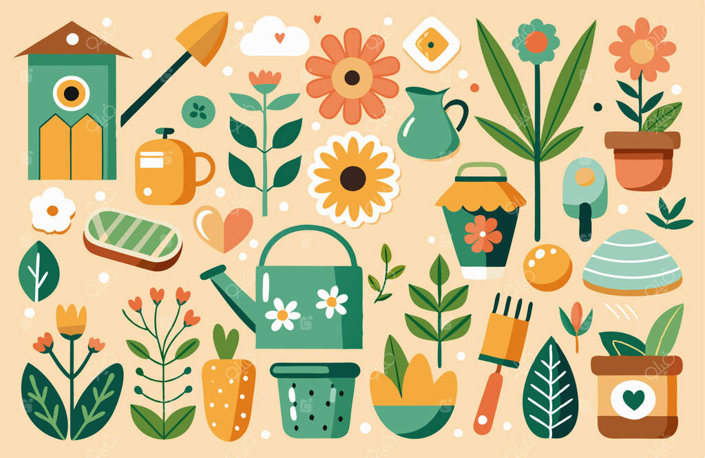 ابزار باغبانی و گل‌ها در طراحی تخت