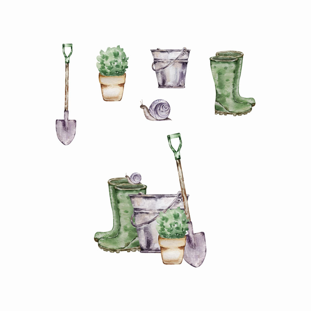 تصویرسازی باغ با آبرنگ همراه با عناصر ابزار باغبانی