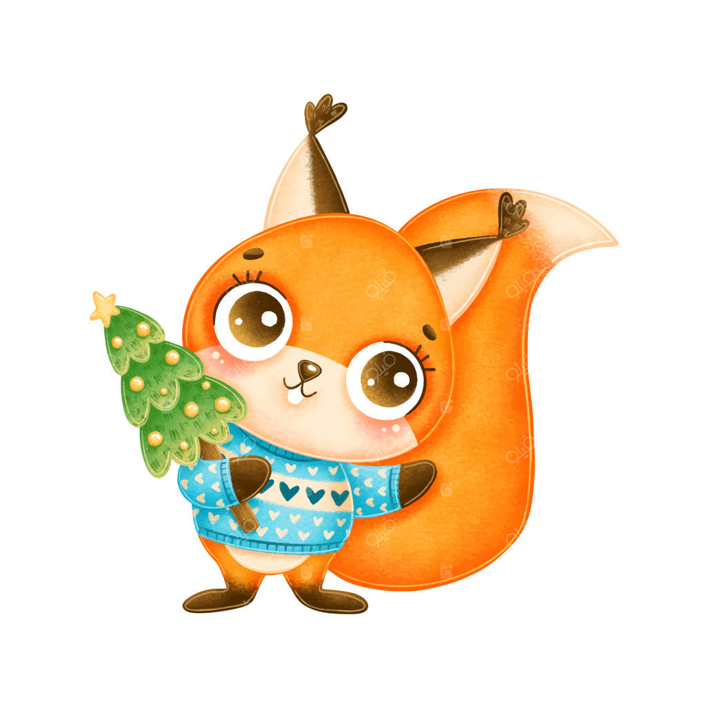 تصویر سنجابی کارتونی بامزه با ژاکت آبی و درخت کریسمس