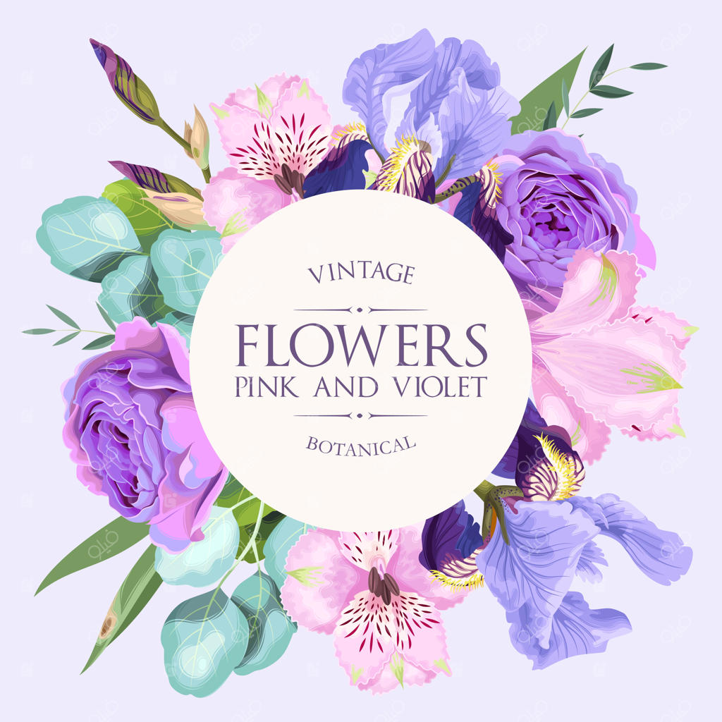 کارت پستال وینتیج با طرح گل‌های رز بنفش و زنبق