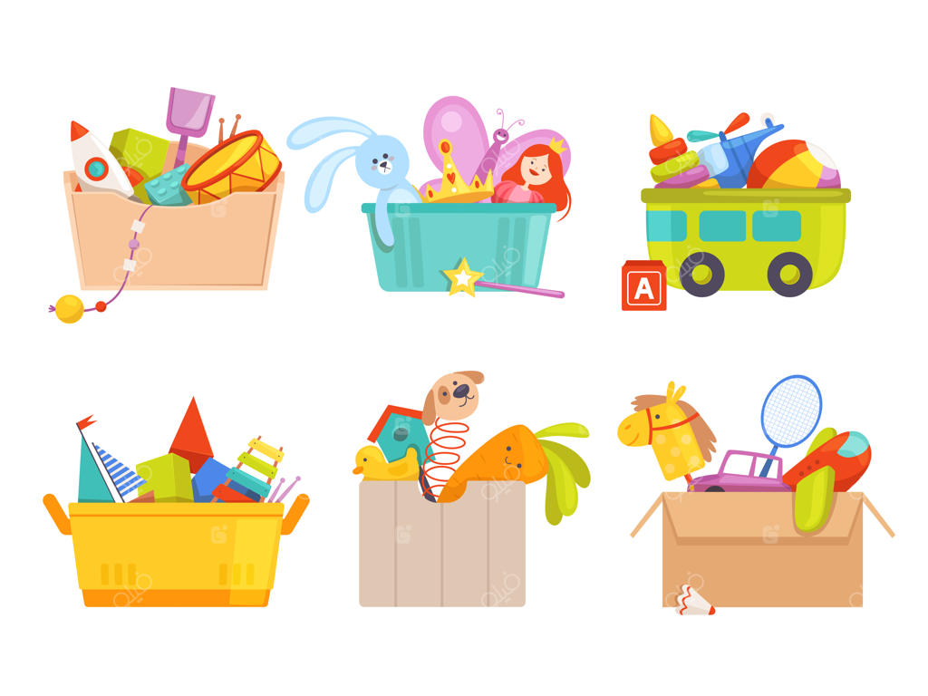 جعبه اسباب‌بازی: ماشین‌های اسباب‌بازی، موشک، توپ فوتبال، خرس عروسکی، و هدایا برای کودکان - مجموعه بسته‌ها