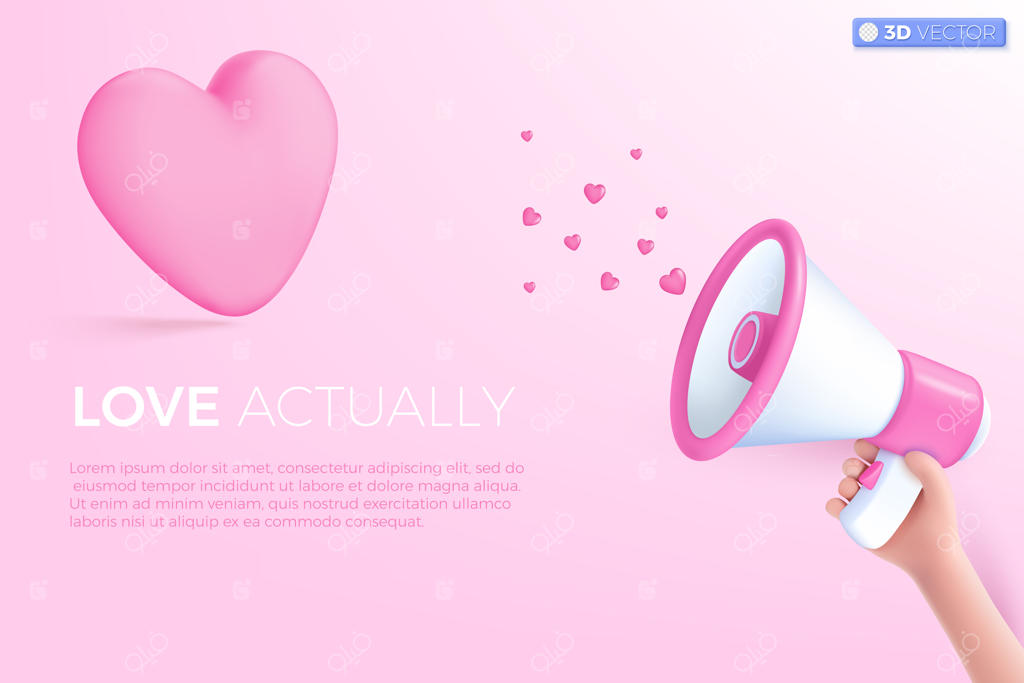 بلندگوی سه‌بعدی با نماد قلب: اعلام تخفیفات ویژه و ترویج فروش به مناسبت ولنتاین - تصویرسازی سه‌بعدی به سبک کارتونی و مینیمال