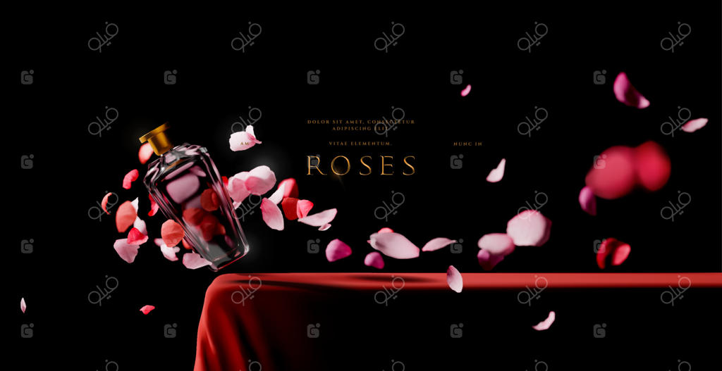 صحنه سکوی لوکس قرمز با گلبرگ‌های زیبا و در حال پرواز رز: قالب واقعی برای نمایش محصول