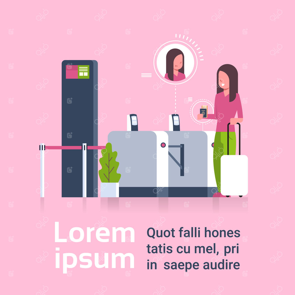 زن با چمدان در حال پذیرش و عبور از دستگاه امنیتی فرودگاه برای ثبت نام