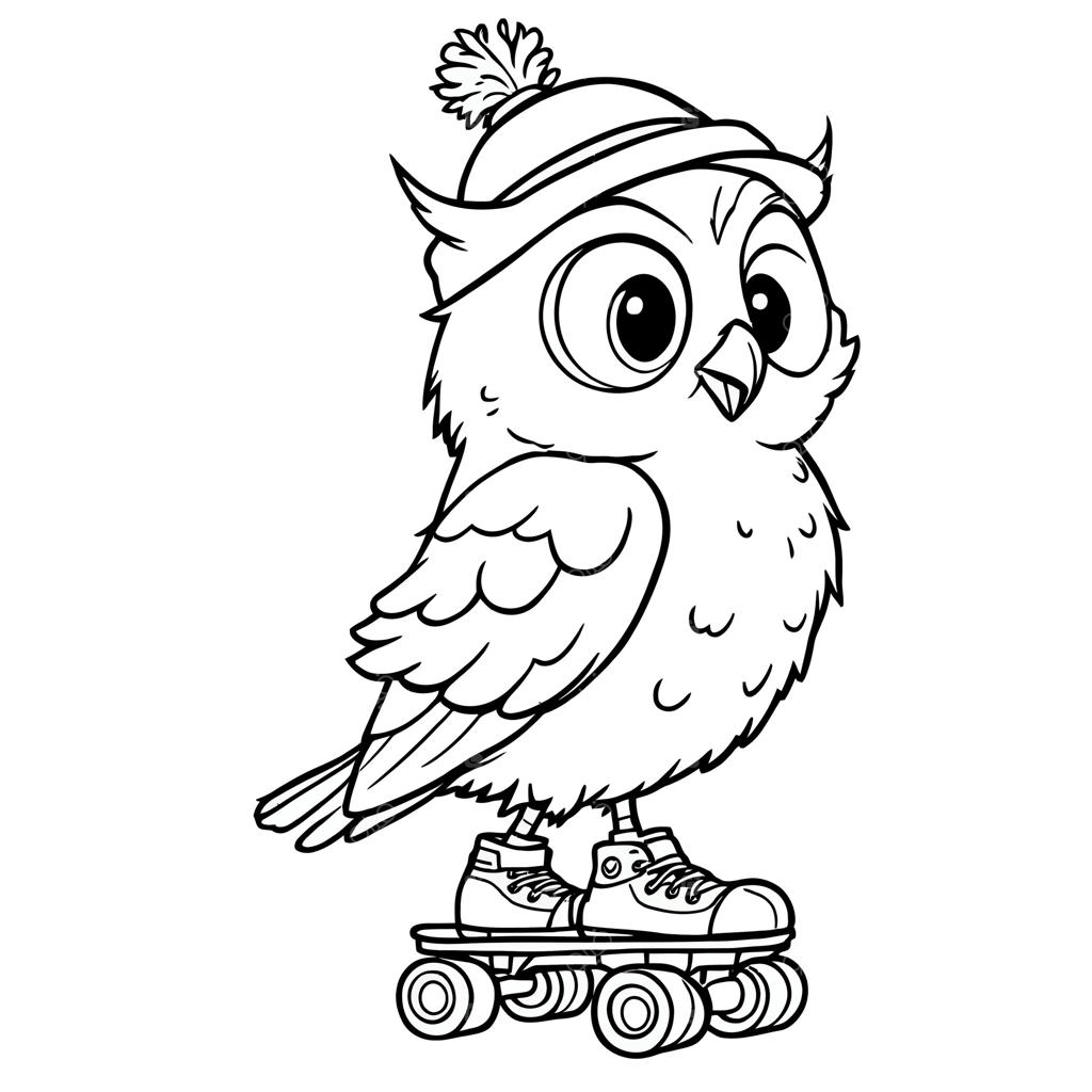 تصویر رنگ آمیزی جغد کوچولوی بامزه با کلاه زمستانی و کفش‌اسکیت روی اسکیت‌بورد