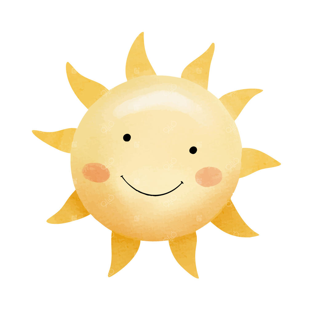 تصویرسازی آبرنگی از خورشید شاد. صورت خندان با پرتوهای گرم. مناسب برای طراحی اتاق کودک و نوزاد.