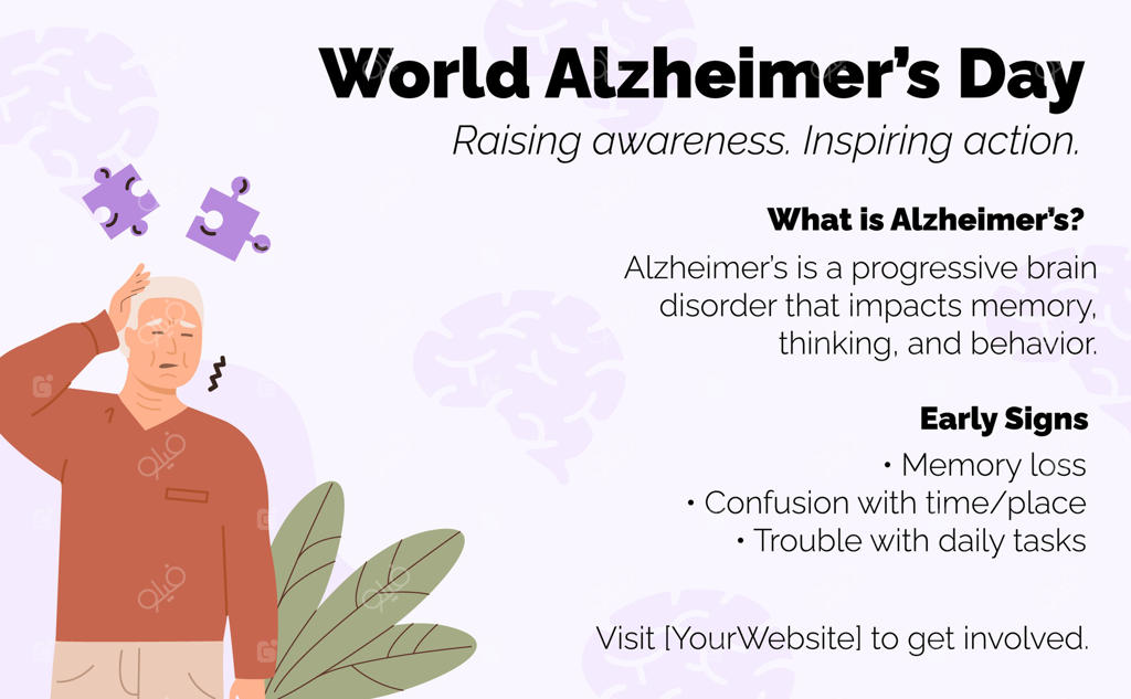 بنر آگاهی‌بخشی روز جهانی آلزایمر با تصویرسازی مغز انسان، علائم، آمار و پیام‌های حمایتی. پوستر افقی درباره مفهوم از دست دادن حافظه و زوال عقل.
