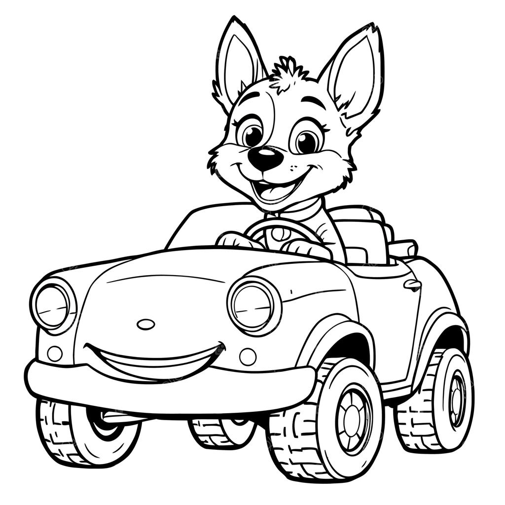 صفحه رنگ آمیزی جالب: روباه کارتونی بامزه در حال رانندگی ماشین کلاسیک