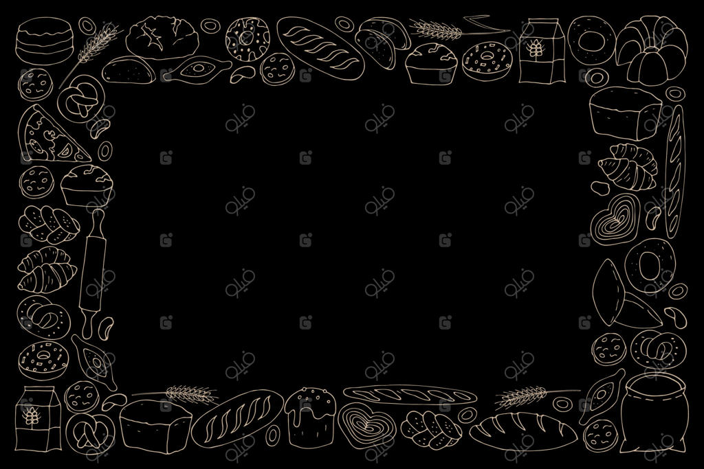 قاب نان روی زمینه سیاه، طراحی شده به سبک کارتونی. مجموعه‌ای از نان‌ها و شیرینی‌ها.