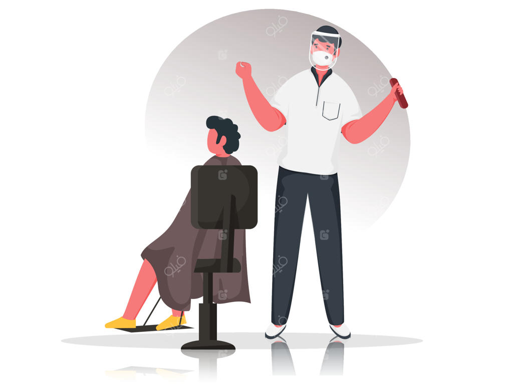 آرایشگر با ماسک و محافظ صورت در حال کار و مشتری نشسته روی صندلی برای جلوگیری از کروناویروس.