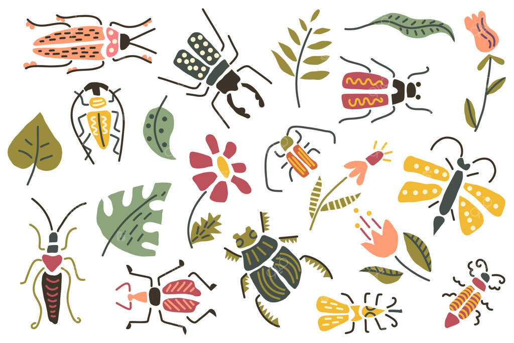 تصویر فانتزی حشرات و گل‌ها با کفشدوزک‌ها، پروانه‌ها، سوسک‌ها، گل‌های استیلیزه. مفهوم طبیعت، حشرات، باغ، طراحی گل. هنر رنگارنگ و بازیگوش، دکور کودکان.