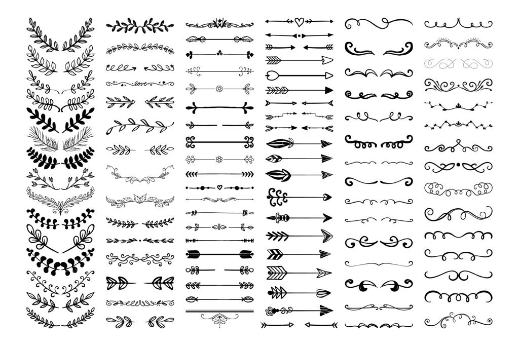 طراحی دستی تزئینات گل و برگ: مرزبندی‌های پیچیده وین، حاشیه‌های زیبا ویکتوریایی، دکوری‌های مرکب و فلش‌ها. مجموعه‌ای از نقاشی‌های تزئینی و پیچیده.