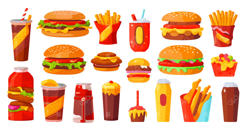 وکتور مجموعه فست فود شامل پیتزا، برگر، نوشابه و سیب‌زمینی سرخ‌کرده در پس‌زمینه سفید