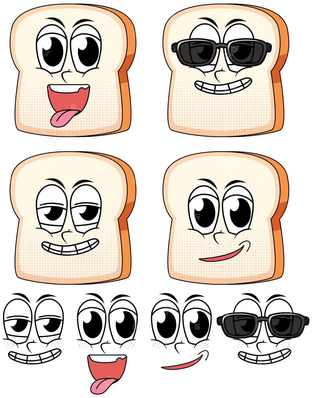 مجموعه‌ای از حالت‌های چهره به سبک کارتون قدیمی با نان سفید