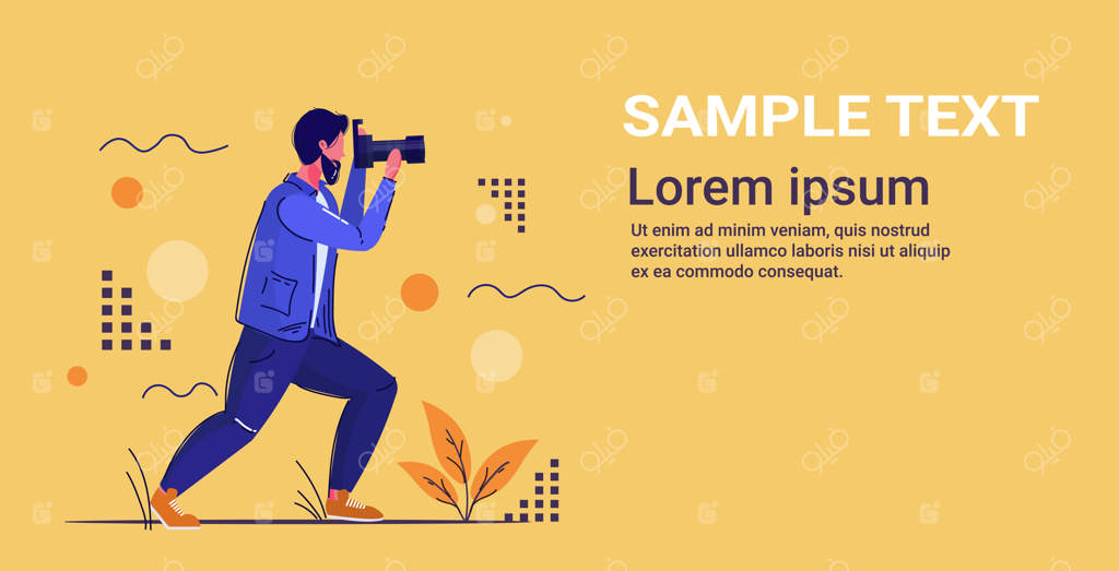 عکاس حرفه‌ای با دوربین دیجیتال DSLR از یک مرد عکس می‌گیرد - تصویر تمام قد