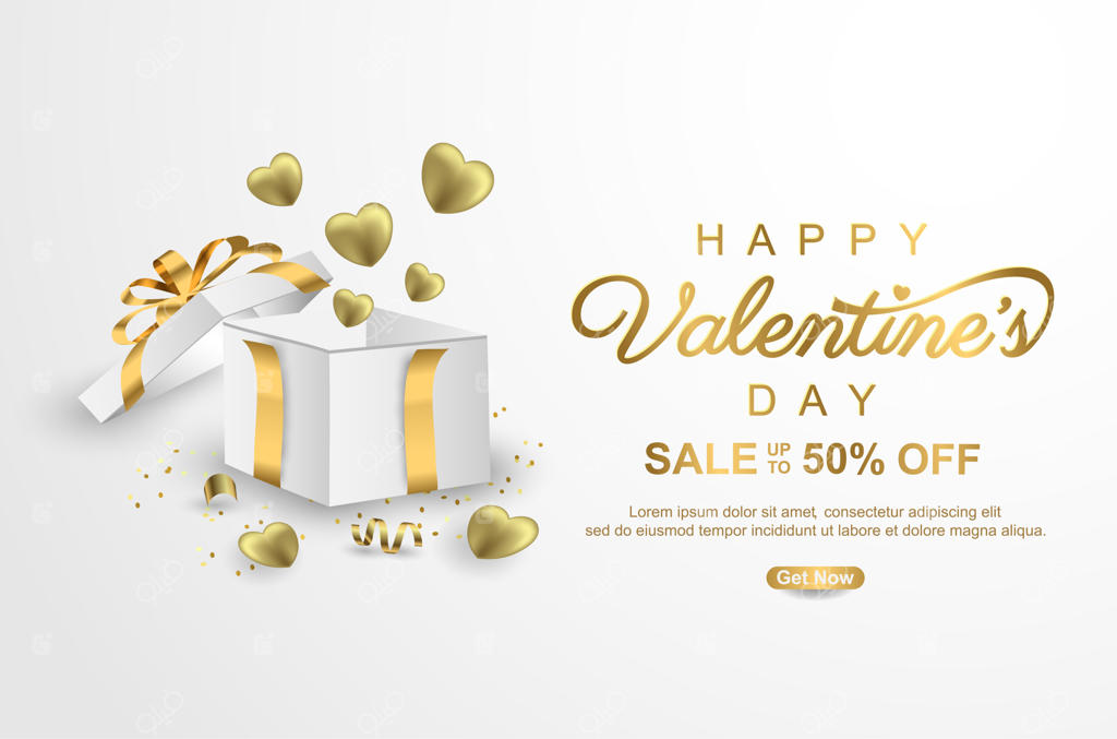 بنر تبلیغاتی فروش ویژه روز ولنتاین با جعبه هدیه واقعی بر روی زمینه سفید