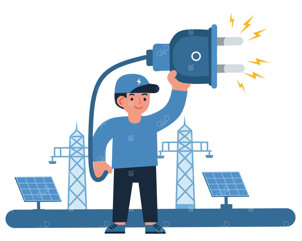 تصویرسازی یک برقکار خندان که یک دوشاخه غول‌پیکر با جرقه‌های برق در دست دارد، در محاصره پنل‌های خورشیدی و برج‌های برق. مفهوم انرژی پاک و قدرت.