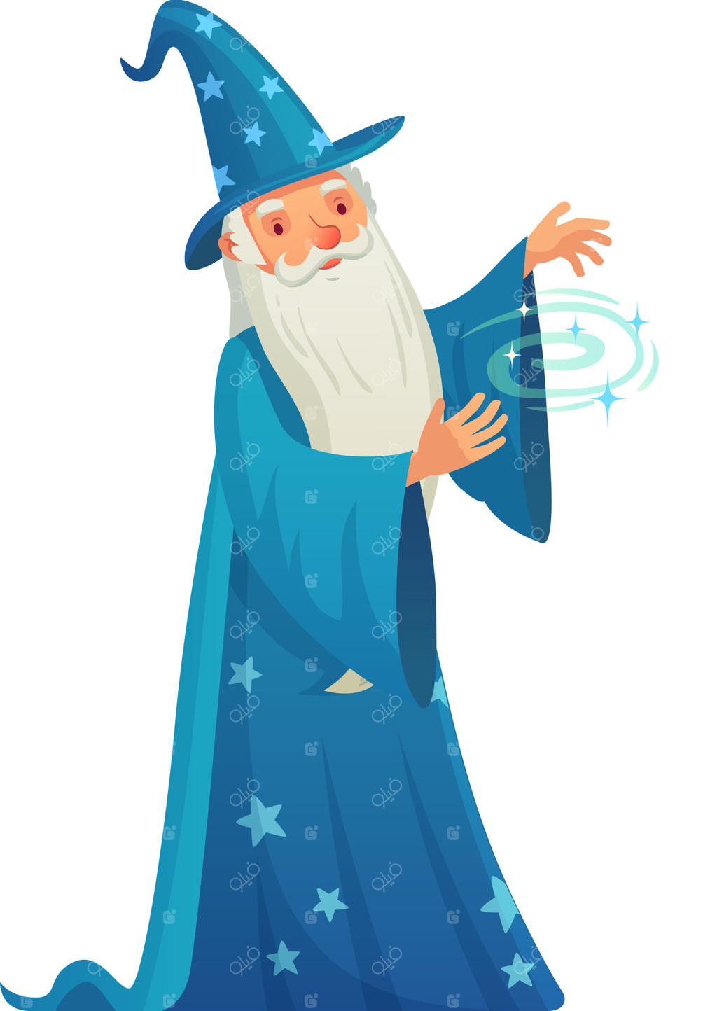 جادوگر پیر با کلاه و ردای آبی ستاره‌دار در حال اجرای طلسم با چوب‌دستی و ایجاد گردابی از انرژی جادویی درخشان