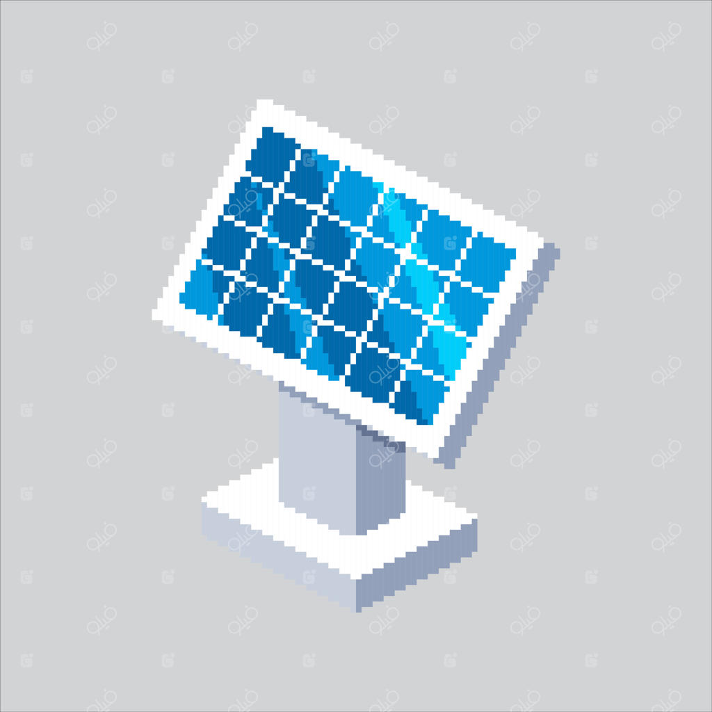 تصویر پیکسل آرت پنل خورشیدی: ایکون پنل خورشیدی الکتریکی برای بازی و وبسایت، به سبک رترو کلاسیک.