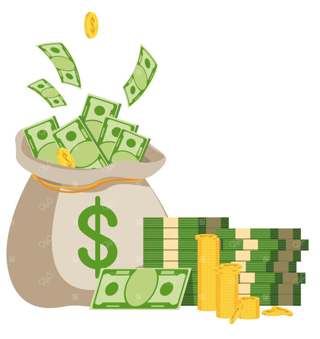 کیسه پول و اسکناس؛ نماد ثروت، موفقیت و خوش‌شانسی. تصویرسازی وکتور کارتونی با طراحی تخت (فلت) با موضوع بانک و امور مالی، جدا شده روی پس‌زمینه سفید.