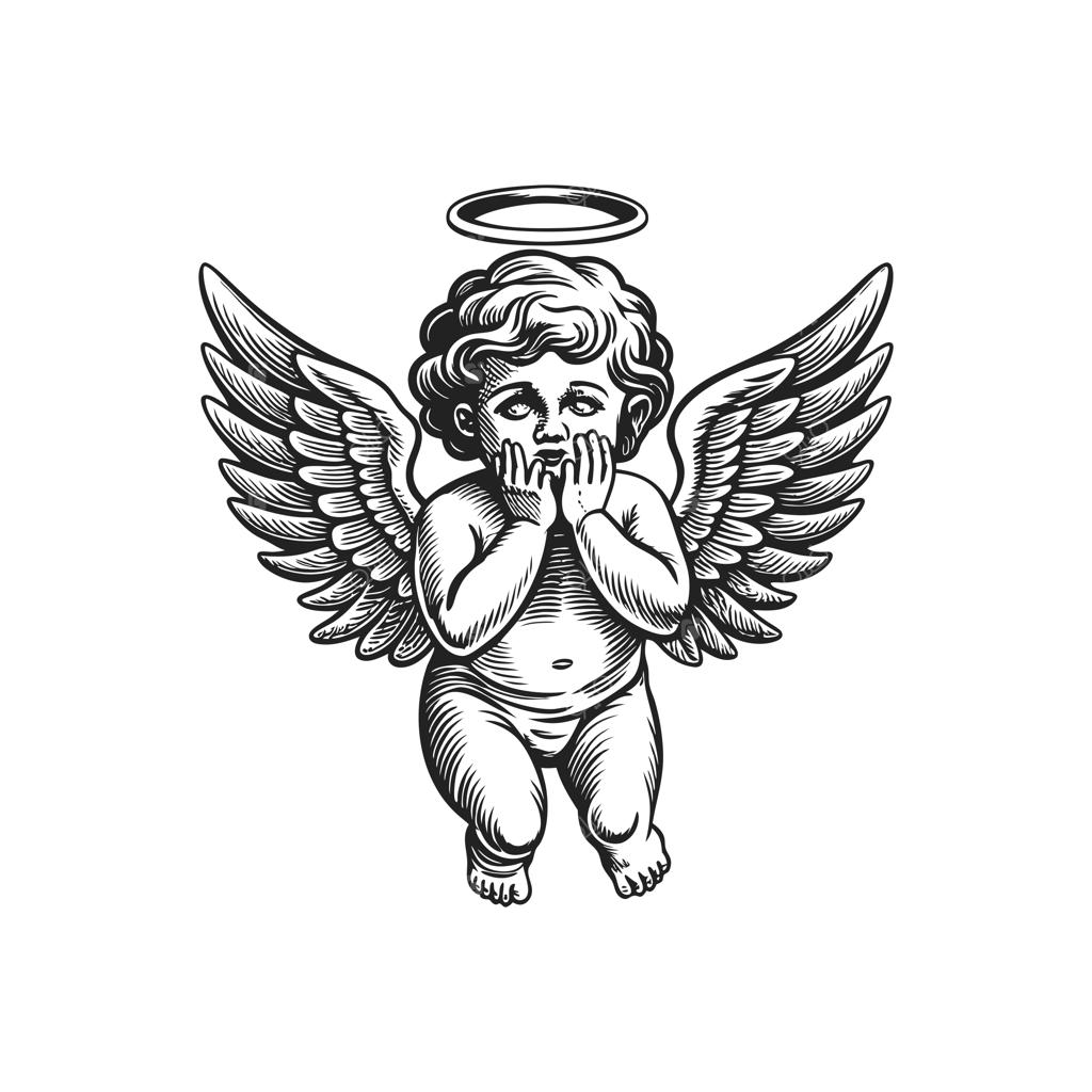 تصویرسازی وکتور و طراحی دستی فرشته کودک (کوپید) به سبک حکاکی