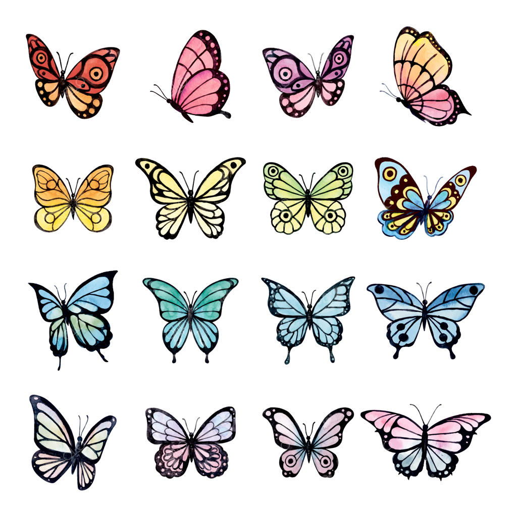 مجموعه بزرگ وکتور آبرنگی پروانه‌های رنگارنگ؛ مناسب برای چاپ، استیکر و پوستر.