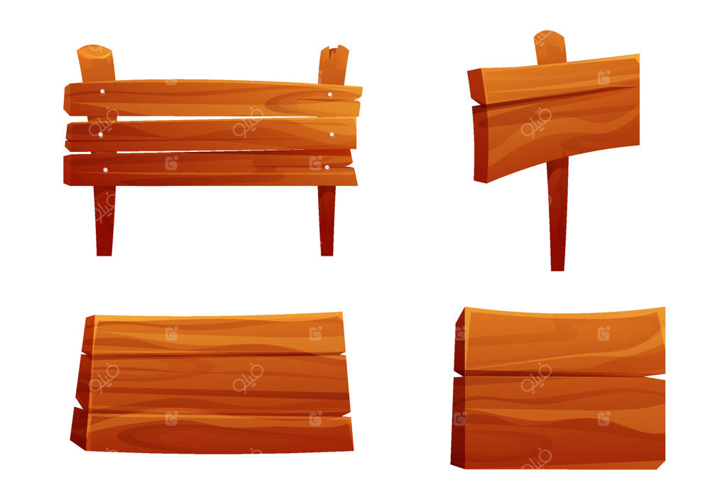 مجموعه تابلوی چوبی: تابلوهای خالی با بافت چوبی. قاب تابلو بازی از تخته چوب، مناسب برای باغ یا جنگل. طراحی رابط کاربری منوی مجموعه. پیکان‌های بافت‌دار بیرونی خالی.