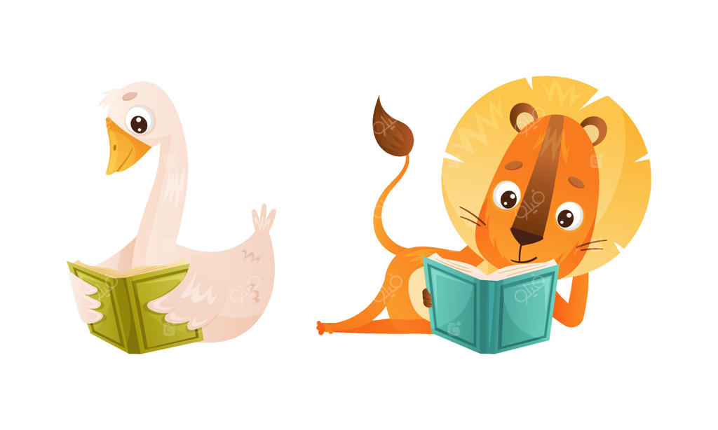 مجموعه تصاویر کارتونی بچه‌حیوانات بامزه در حال مطالعه: شیر و غاز کوچولو در کنار کتاب