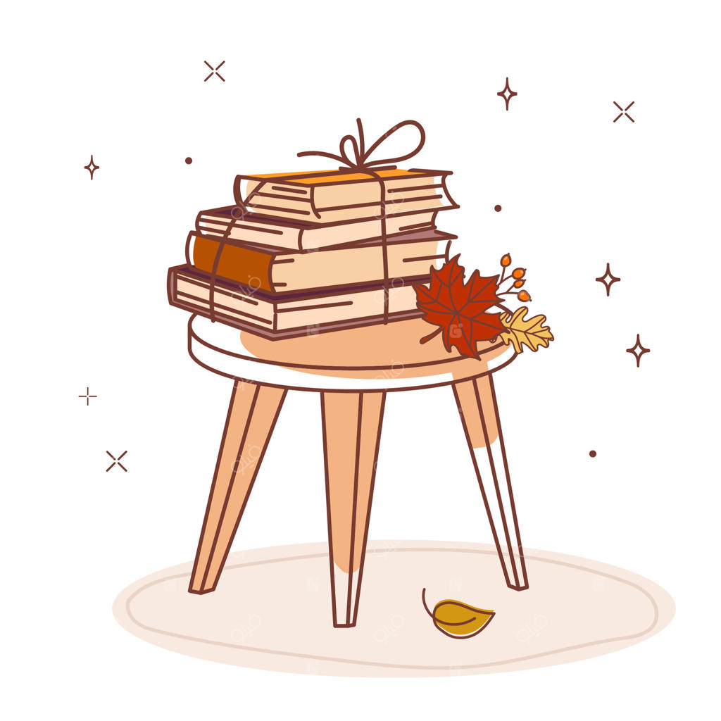 دسته‌ای از کتاب‌های وینتیج بر روی چهارپایه چوبی با برگ‌های پاییزی و ستاره‌ها، مناسب برای دکور پاییزی، تم‌های مطالعه‌ی دنج، طراحی سردبیری یا محتوای مرتبط با فصل پاییز. تصویرسازی