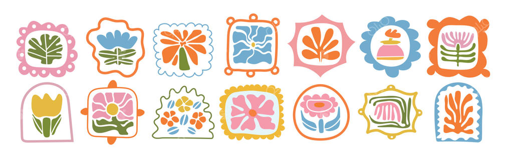 مجموعه‌ای از طرح‌های قاب گلدار رنگارنگ به سبک قدیمی. ترکیب‌های هندسی تزئینی با گل‌های طبیعی بهاری و عناصر گیاهی. مناسب برای پروژه‌های طراحی فصلی.