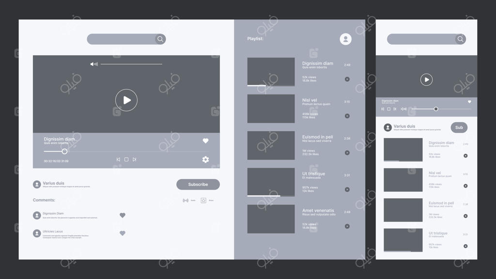 رابط کاربری ویدئو تیوب: طراحی چندرسانه‌ای صفحات وب، نمایش رابط کاربری، طرح‌بندی و پیش‌نمایش ویدئو، قالب‌های زنده و متنوع برای دستگاه‌های مختلف