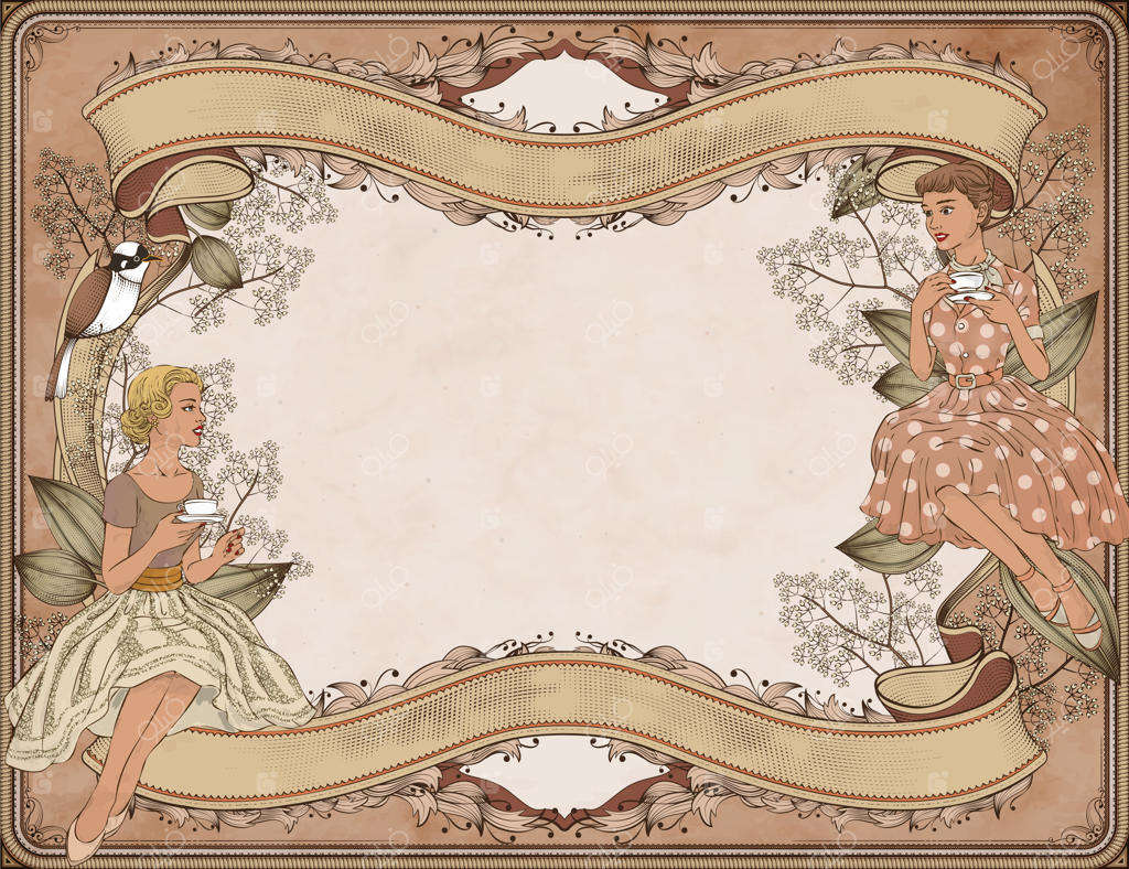 زنان باوقار در حال نوشیدن چای عصرانه در باغ، در پس‌زمینه‌ای به سبک حکاکی روی چوب