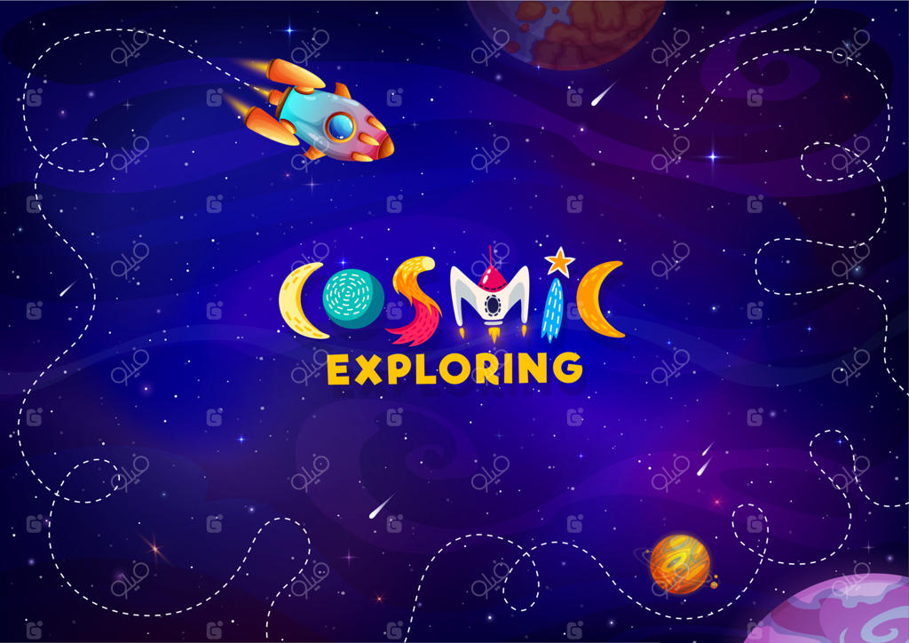 پس‌زمینه فضایی کارتونی، موشک و ستاره‌ها