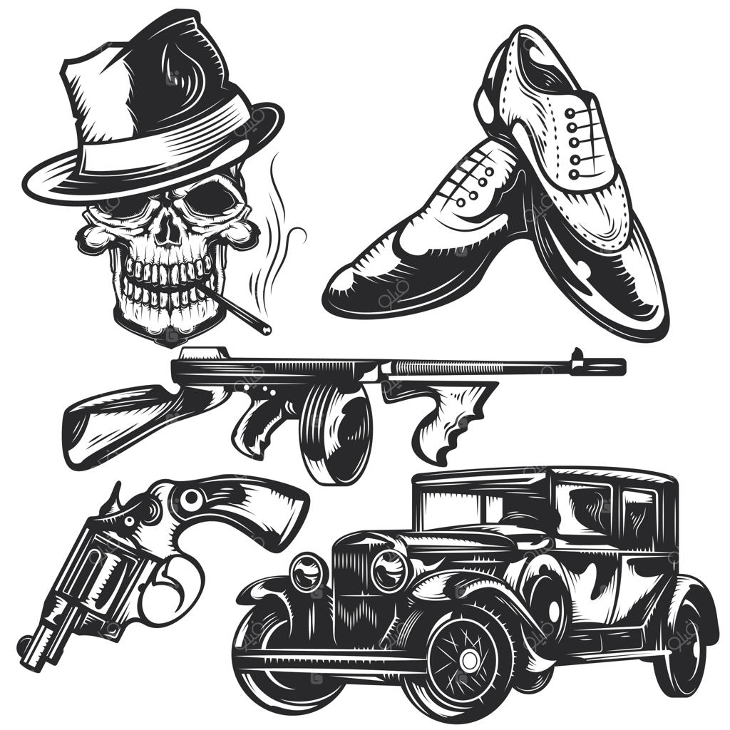 مجموعه‌ای از عناصر مافیا برای طراحی نشان‌ها، لوگوها، برچسب‌ها، پوسترها و غیره.