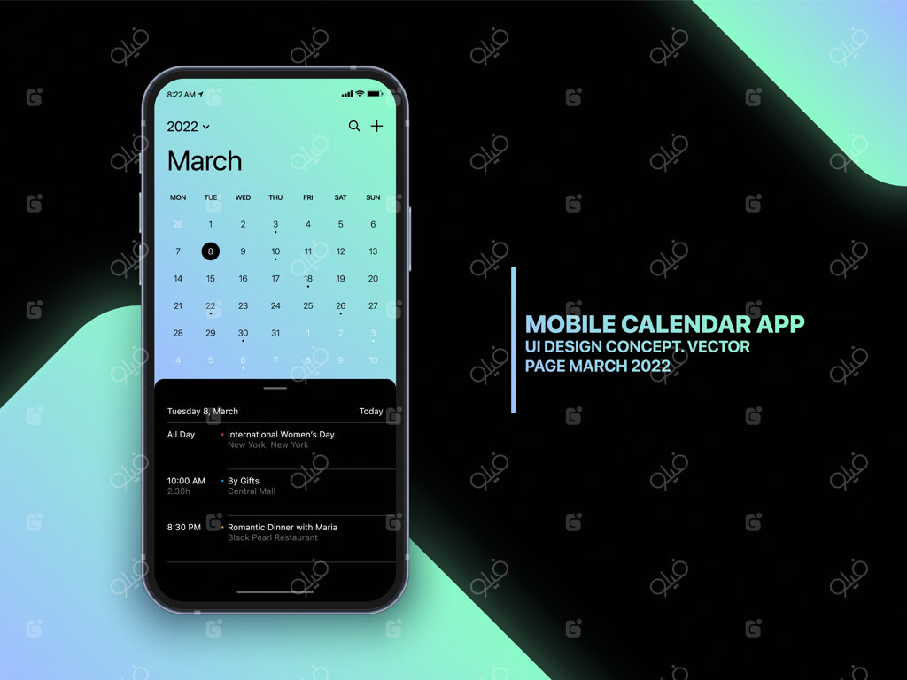 وکتور طراحی UI/UX کانسپت اپلیکیشن تقویم موبایل (صفحه مارس ۲۰۲۲) با لیست کارها و وظایف روی موکاپ واقعی صفحه گوشی، ایزوله روی پس‌زمینه؛ قالب اپلیکیشن برنامه‌ریزی کاری گوشی هوشمند