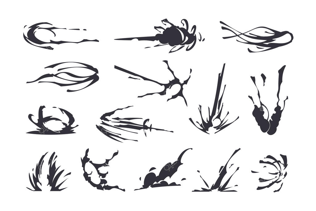 مجموعه کلیپ‌آرت: اثر سرعت کمیک، انفجار کارتونی مبارزه، ضربه و تأثیر در بازی، انیمیشن‌های پریدن، دویدن و مشت زدن، گردباد و گرد و غبار وکتور