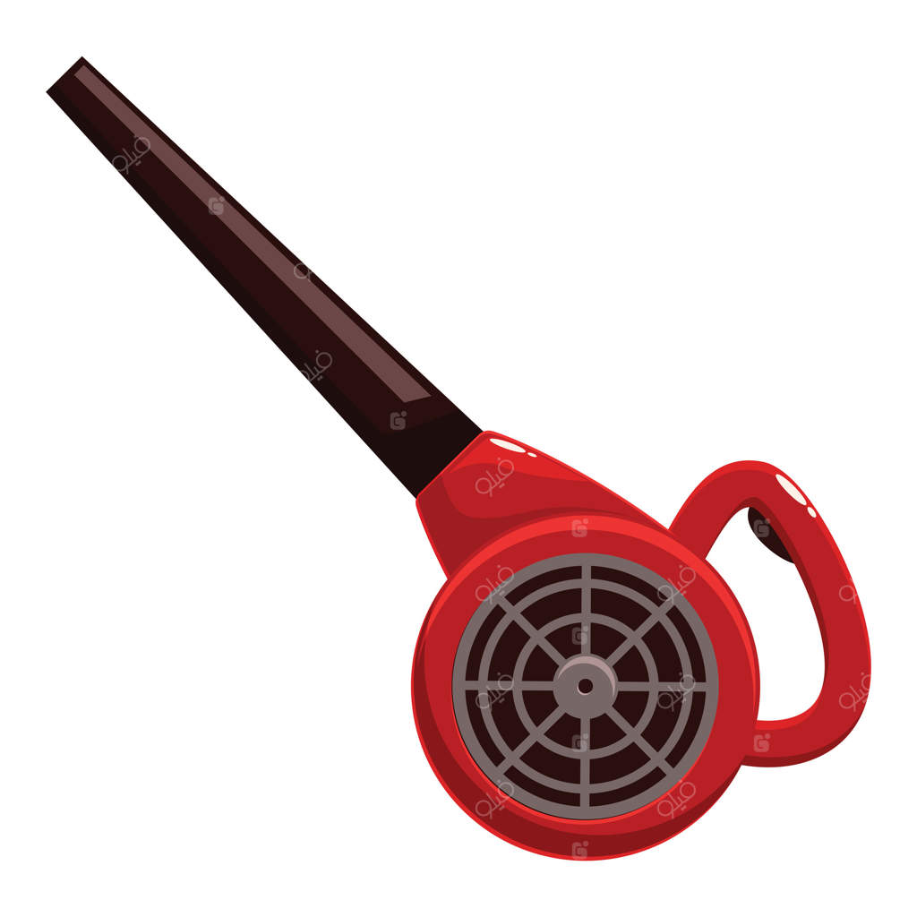 دستگاه برگ‌روب قرمز در حال جمع‌آوری برگ‌های پاییزی در باغ