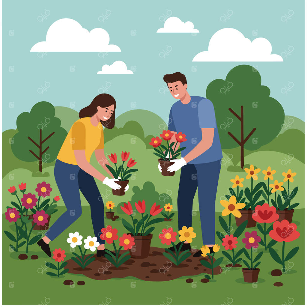 تصویر زوجی که در باغ با گل‌های رنگارنگ بهاری و درختان سبز گل می‌کارند