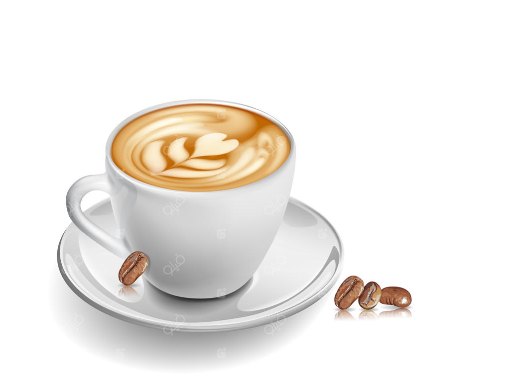 فنجان قهوه روی میز شیشه‌ای با پس‌زمینه سفید.