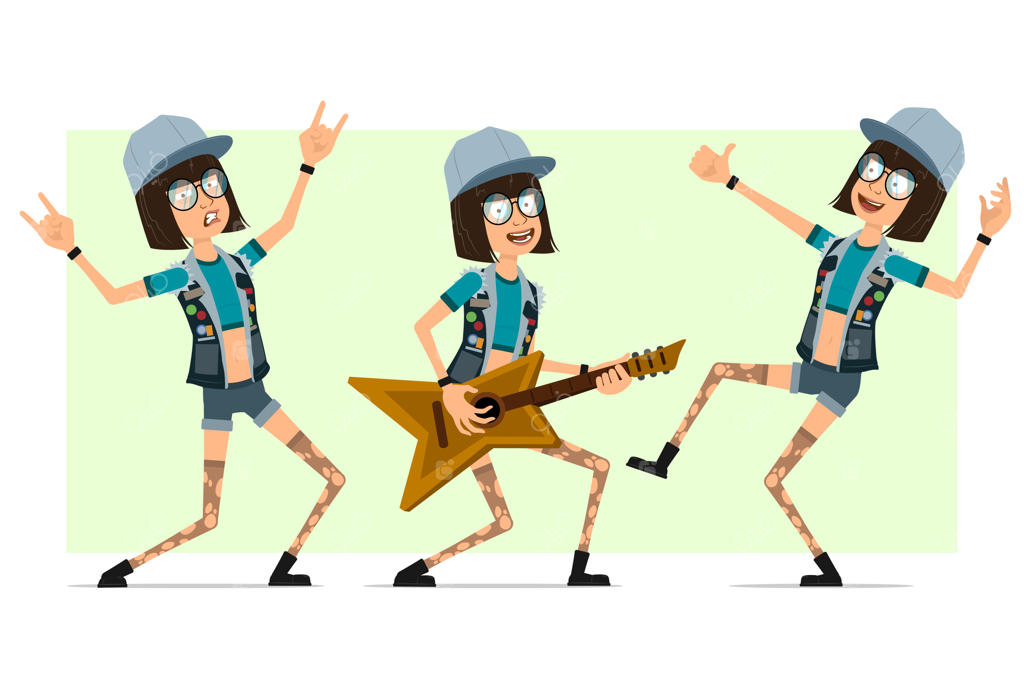 دختر هیپستر کارتونی با کلاه کامیون‌دار، عینک و شلوارک جین، در حال نواختن گیتار، نشان دادن علامت راک اند رول و لایک.