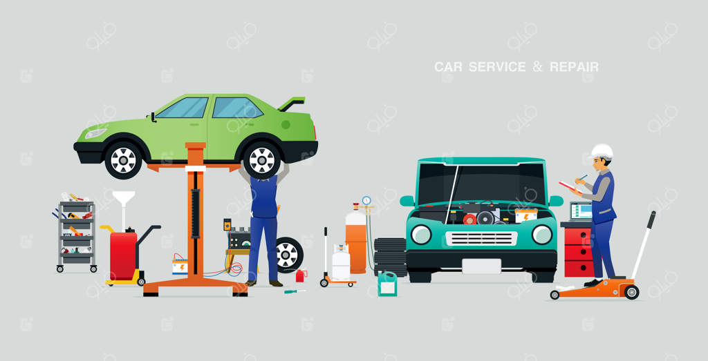 مکانيک در حال بررسي موتور در گاراژ با پس‌زمینه خاكستري