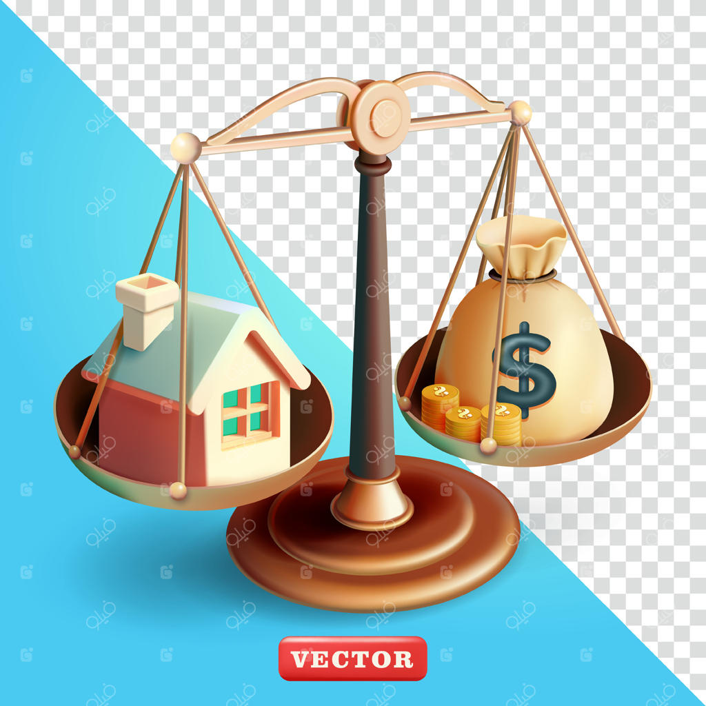 ترازو پول و خانه در سه بعدی: مناسب برای تجارت، املاک و عناصر طراحی